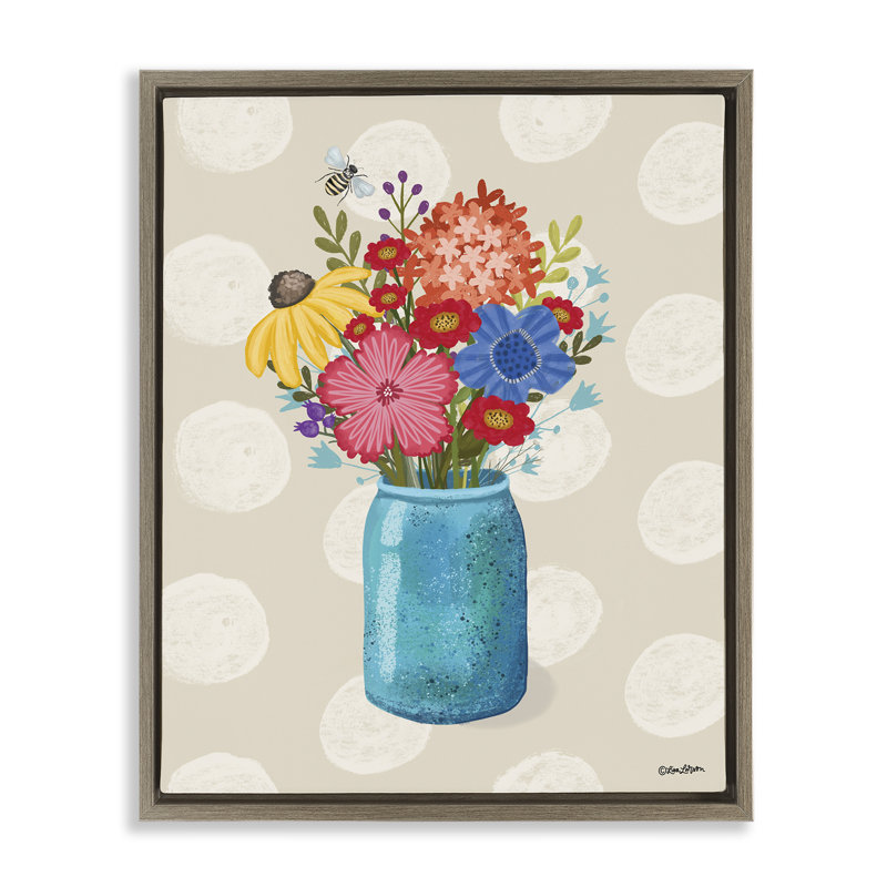 Art mural sur toile à pois et fleurs, par Lori Deiter, Cadre flottant orme Montalcino, H 21 po x l 17 po