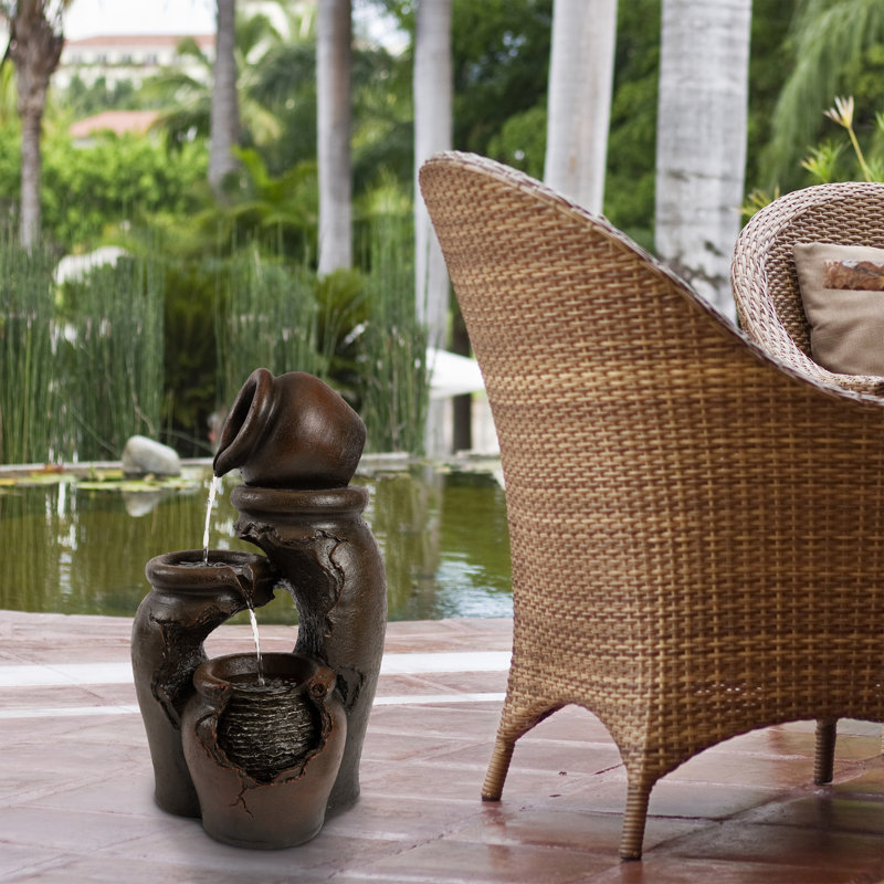 3-Tier Fountain Modern Decorative Polyresin Clay Pot Electric Outdoor Hand Painted Cascading Water Feature