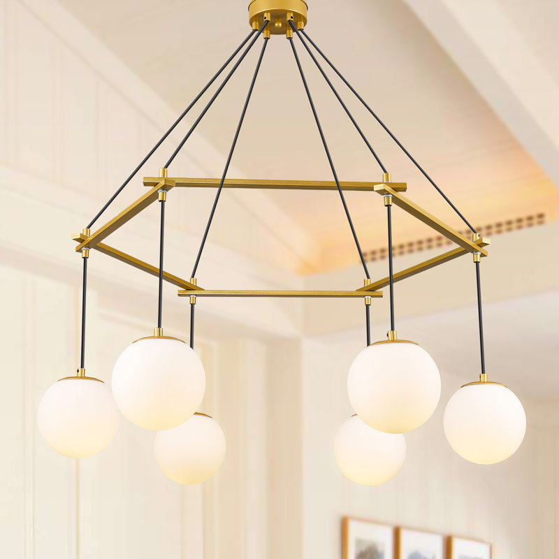 Nedek 6-Light Modern Round Pendant Glass Chandelier With Geometric Frame, Chrome