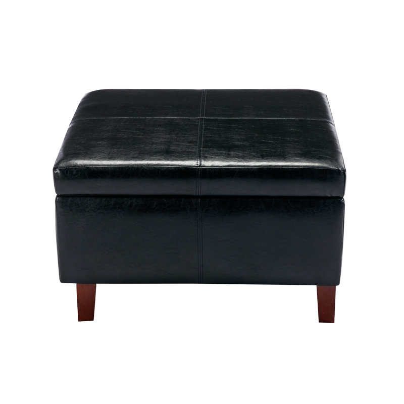Adalisa Faux Leather Storage Ottoman with Wooden Legs, Black
