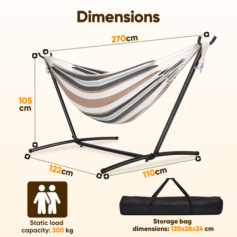  Double Canvas Hammock with Steel Stand with Storage Bag for Indoor/Outdoor Garden, Patio, Deck, Yard & Balcony, Blue, Brown