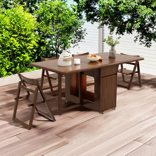 Retro Style Kitchen Table with Storage - Foldable & on Casters | Rolls Smoothly & Saves Space | 1.3m or 1.5m Walnut Foldable Table for 4-6 Seater Dining Fully Assembled, No Assembly Required.（（1 dining table + 4 chairs））