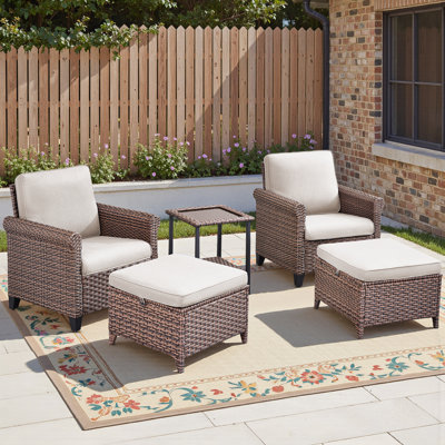 Ensemble de mobilier d'extérieur 5 pièces, 2 chaises longues, 2 repose-pieds et 1 table basse avec osier tissé à la main, structure en acier thermolaqué, coussins résistants aux intempéries - parfaits pour la terrasse, le jardin et le balcon