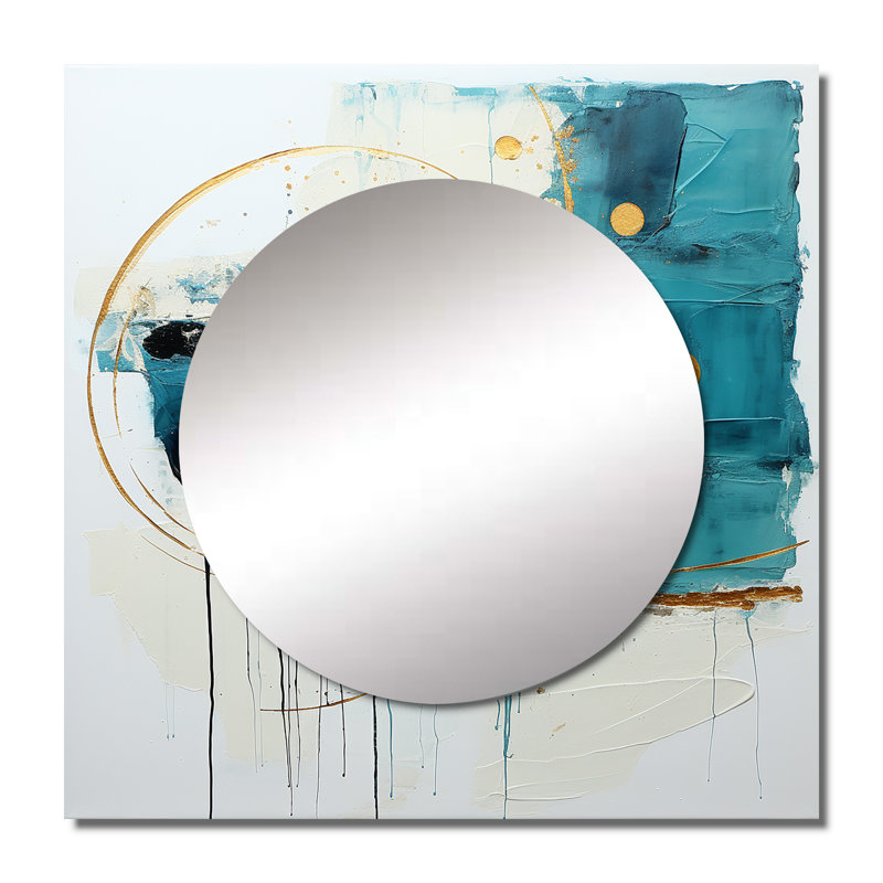 «Celestial Delight» abstrait en turquoise et or - art abstrait carré de miroir mural de salon, 23 po x 23 po