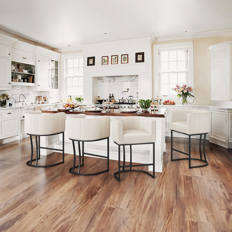 Chyanne 26.4" H Modern Barrel Counter Stools With Backrest & Arms - Upholstered Kitchen Island Stools, Metal Legs, Waterproof Fabric