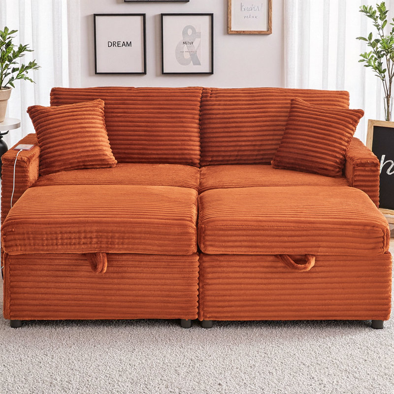 Comfortable Fluffy Corduroy Lazy Big Loveseat Couch, Super Soft Chaise Lounge 2-Seater Sofa with Double Storage Ottomans, Table Board & USB Port for Living Room