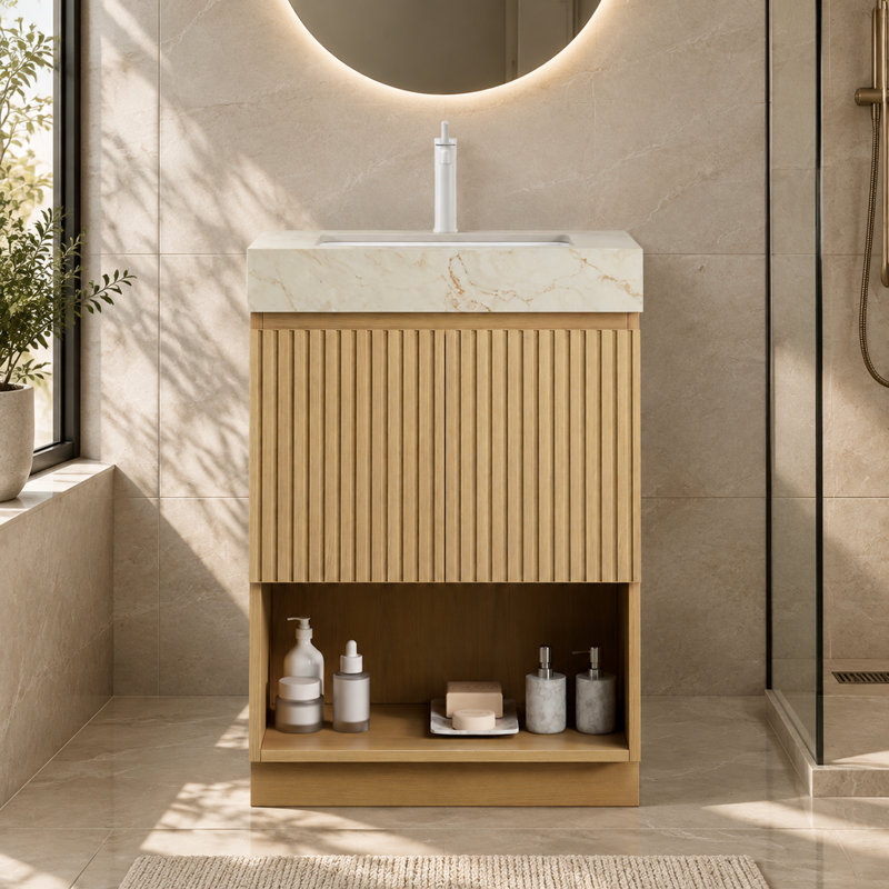 Meuble-lavabo autoportant de 61 cm avec comptoir en pierre frittée et lavabo en céramique