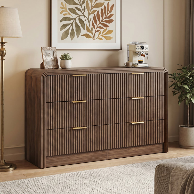 Meuble télé Mid-Century à 6 tiroirs avec commode texturée en noyer de 47,2 po de largeur, Noyer