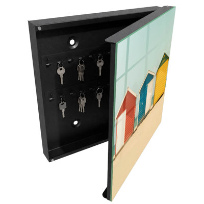 Decorative key box for wall, Opens to the left, 30x30x5, Black, Beach huts in vibrant colors against the sea, 
