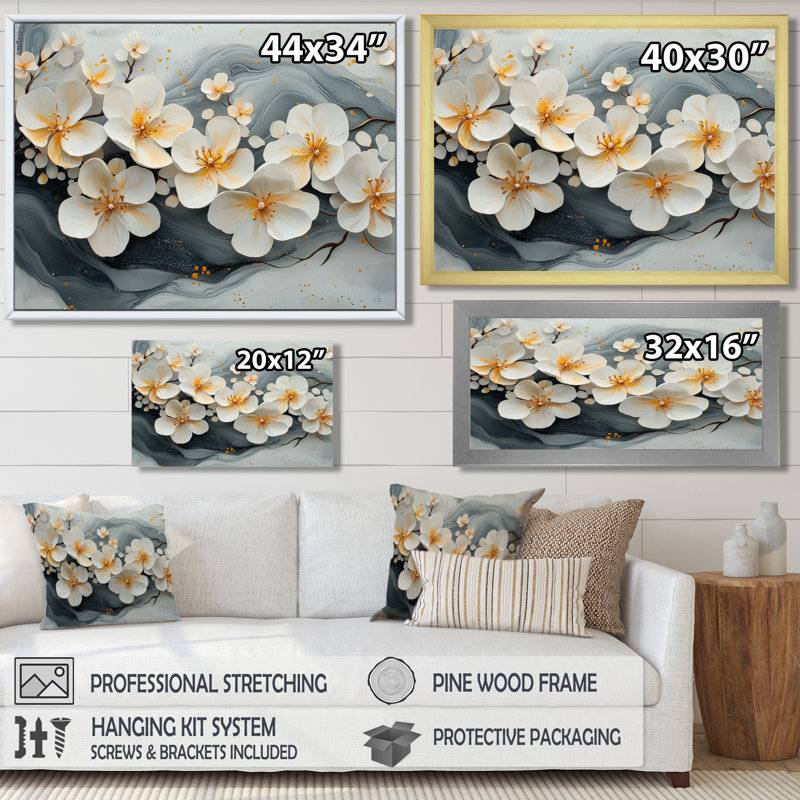 Velvet Black Cherry Blossoms I - Cherry Blossom Framed Wall Art, Single Picture Framed, Black, 30" H x 40" W