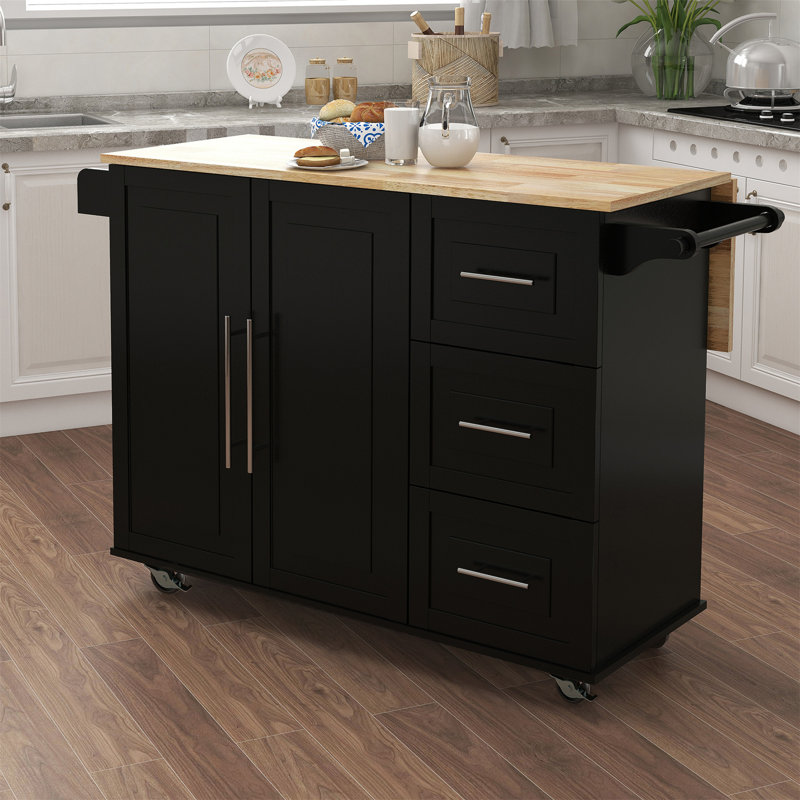 Îlot de cuisine avec support à épices, porte-serviettes et plateau de table en bois massif extensible, Noir