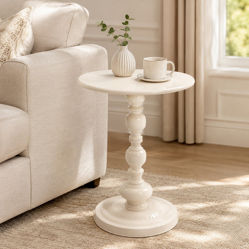 Vintage Round Metal Side Table, Sofa & Bedside Accent Table for Small Spaces, Cream White, 1