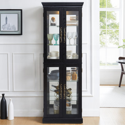 Élégante vitrine vitrée éclairée - Rangement à cadre en bois pour le salon, la cuisine et le garde-manger - Ampoule incluse - Idéal pour le vin, les jouets et les objets de collection - Noir