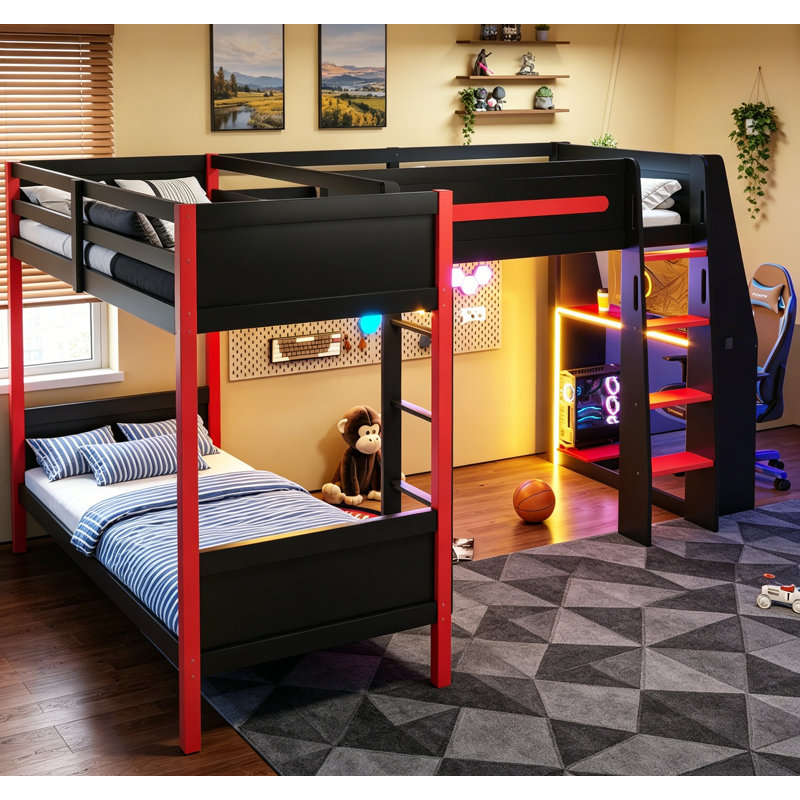 Lit superposé simple en forme de L avec mezzanine de jeu, bureau intégré, tablettes et éclairage DEL, noir et rouge