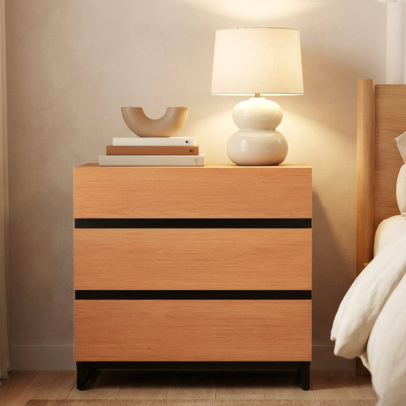 Table de chevet avec 3 tiroirs pour la chambre à coucher, table de chevet moderne avec pieds carrés en fer noir, table d'appoint en bois rustique pour le salon, chêne clair
