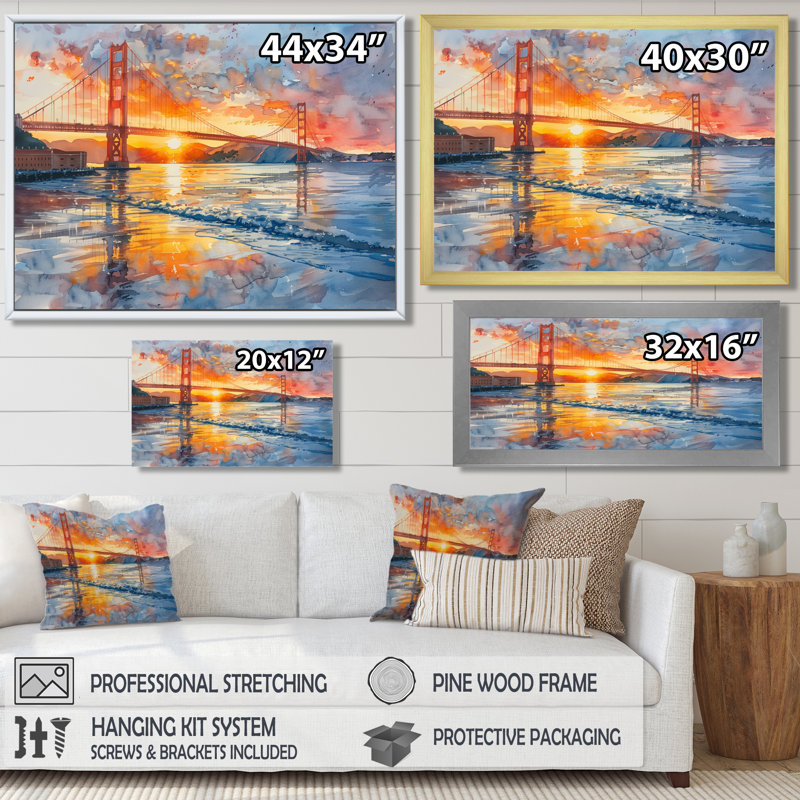 Décoration murale jaune et rouge Golden Gate Summer Sunset Glow IV - Ponts, Toile encadrée noire simple