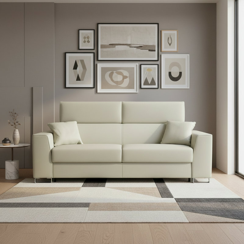 Monica 87" Genuine Italian Top Grain Leather Queen Wide Arm Sleeper Sofa Bed with Memory Foam Mattress