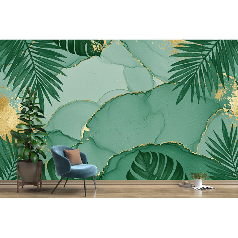 Papier peint feuille de palmier émeraude avec décorations en feuille d'or | Murale luxueuse pelez et collez de style tropical | Décoration de salle de bain d'inspiration spa verte (non tissée)