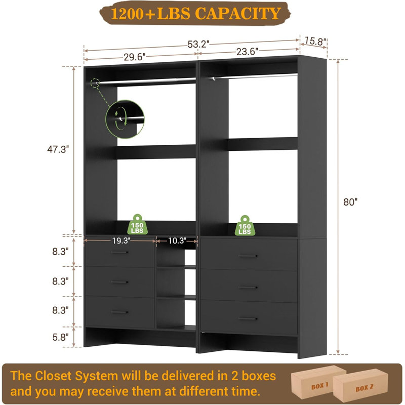 53.2'' Closet System with Wooden Drawers and Hanging Rods, Black