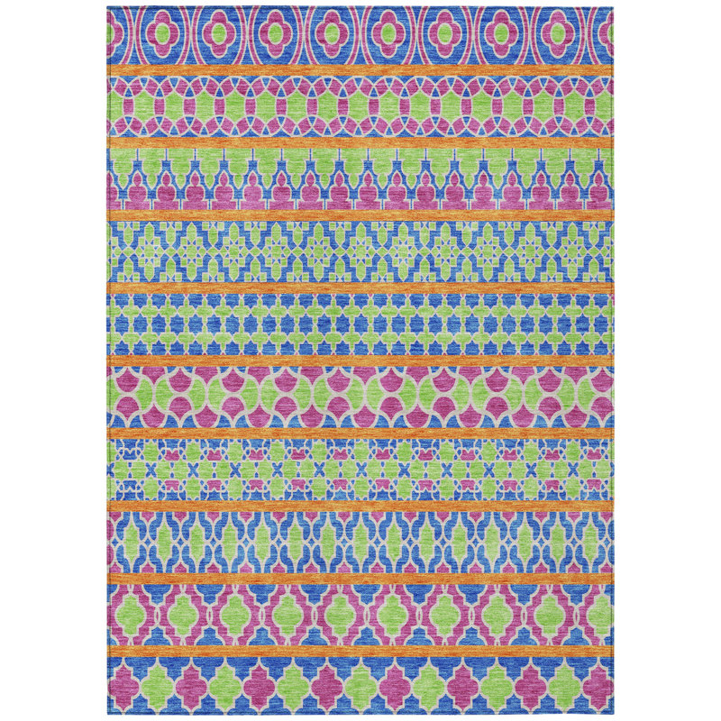 3' X 5' Blush Blue And Lime Green Quatrefoil Washable Indoor Outdoor Area Rug