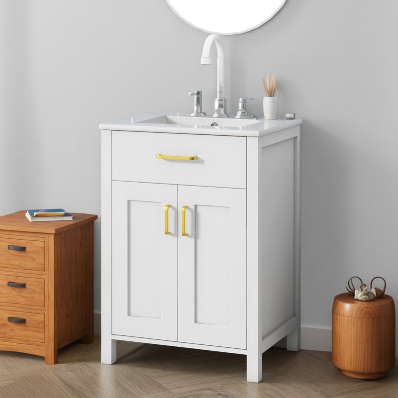 This 24-inch Bathroom Vanity Set With A Porcelain Sink Combines Luxury With Space-saving Features. It Measures 24 Inches Wide By 18 Inches Deep By 34 Inches High And Features Two Soft-close Doors.