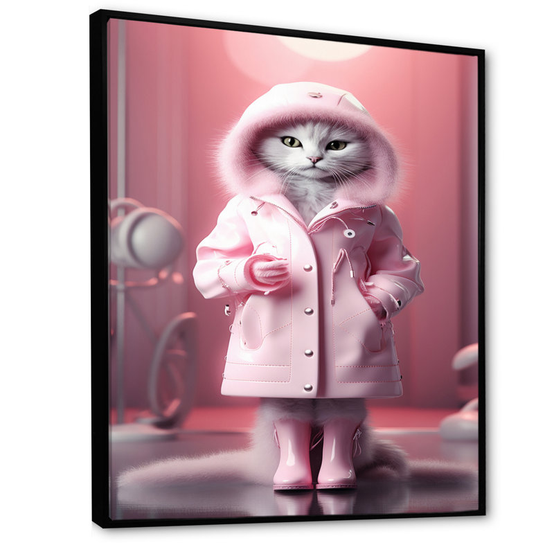 Chat blanc Fashionista en manteau rose I, H 20 po x l 12 po x P 1 po, Cadre flottant noir