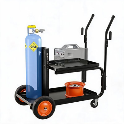 Chariot de soudage à roulettes orange, chariot de soudage à 2 niveaux en acier au carbone pour garage atelier, rangement d'outils roulants avec poignée
