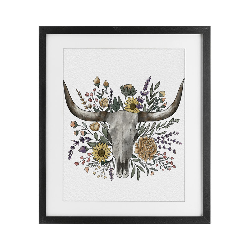 «Boho Wildflower Longhorn», reproduction sous verre encadrée, design par Alisha Kiara Design, H 21 po x l 17 po