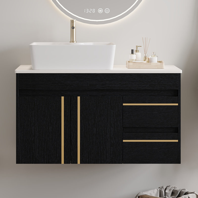 Meuble-lavabo 36 po avec lavabo, meuble-lavabo flottant moderne avec comptoir en bois massif et vasque en céramique intégrée, meubles-lavabos muraux