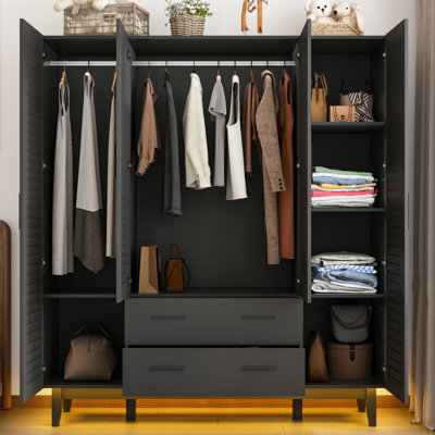 4 Door 71" Armoire Wardrobe With LED Lights, Hanging Rod, Drawers, And Shelves by Ivy Bronx