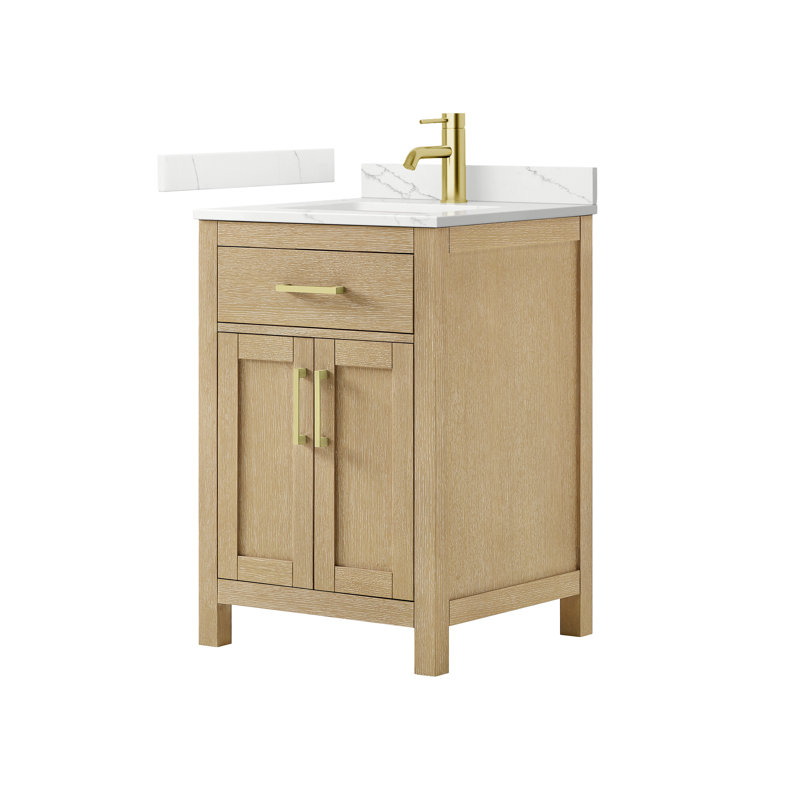 Beckett 24" Freestanding Single Bathroom Vanity with Quartz Top, Whitewashed Oak, Brushed Gold, Giotto Quartz