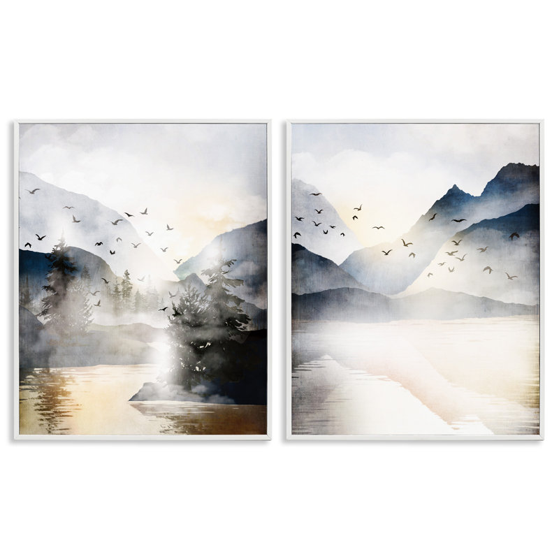 Sunlit Birds over Lake par JJ Design House LLC - 2 pièces, impression, Giclée encadrée blanc bord de mer, H 14 po x l 11 po
