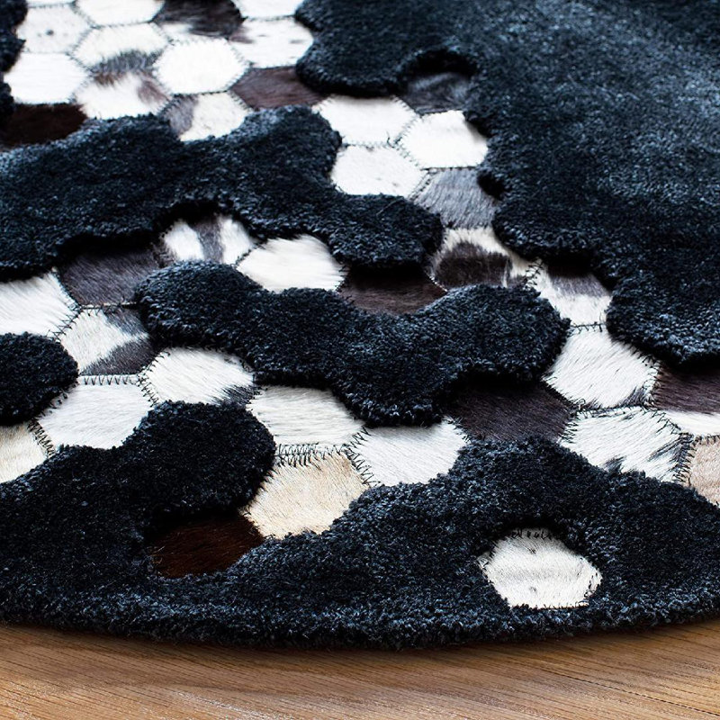 Tapis noir en viscose / cuir / coton touffeté à la main Jarrell, Rond 6 pi