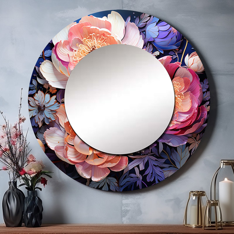 Rose pivoines Serenade I - miroir mural décoratif pivoines, miroir rond traditionnel, impression sur métal, 29 po x 29 po