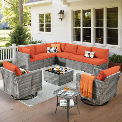 Ensemble de meubles de patio pour 8 personnes avec chaise berçante pivotante Rebbecca, ensemble de conversation modulaire en rotin et osier avec coussins, ensemble de conversation pour canapé toutes saisons avec foyer et table de jardin