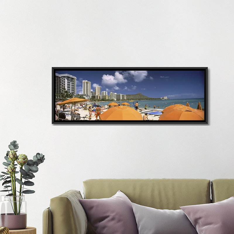 «Panoramique, Waikiki Beach, Honolulu, Oahu, Hawaï 2010», reproduction de photo panoramique sur toile, Cadre noir
