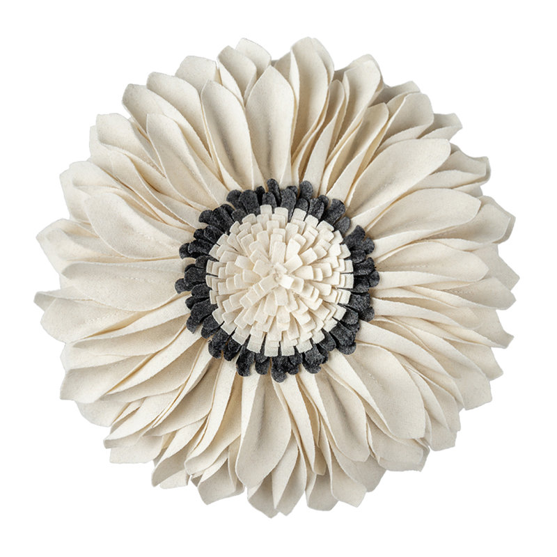 Appliqued Throw Pillow 3D Sunflower Accent Pillow Cover & Insert, White with Gray Center - Wool, Square 14"