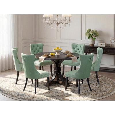 7 Piece Dinette Set Includes a 48" Round Table with Pedestal and 6 Willow Green Polyester Fabric Upholstered Chairs, Sand Blasted Black