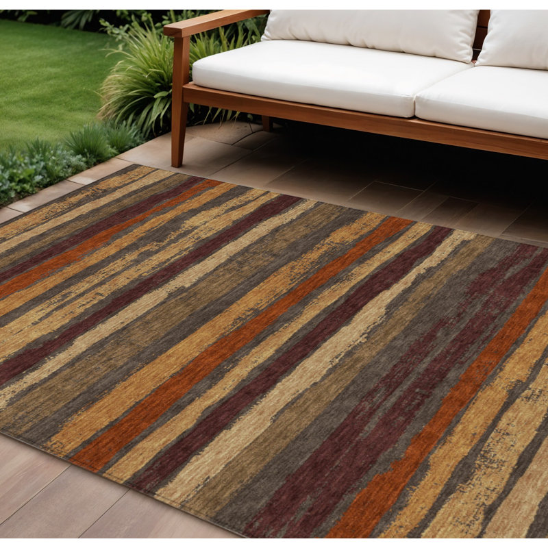 Tapis extérieur lavable rayé beige et cuivre 10 pi x 14 pi chocolat