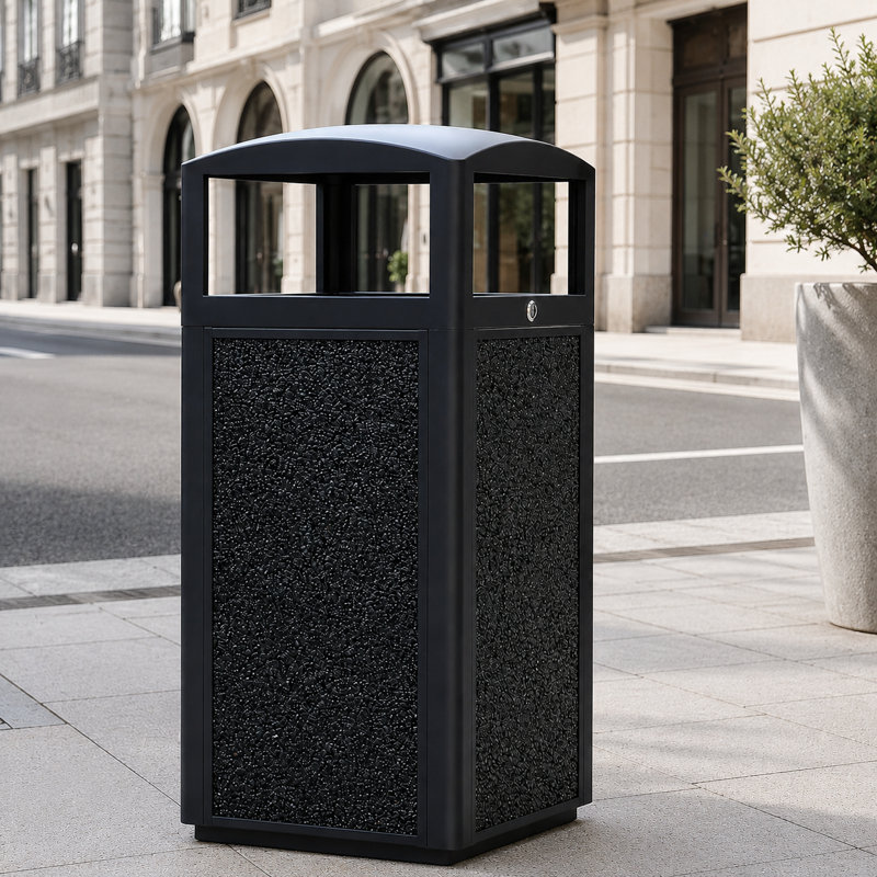 Titre: Poubelle extérieure commerciale, poubelle de 30 gallons avec couvercle verrouillable, doublure amovible en métal et panneaux de pierre