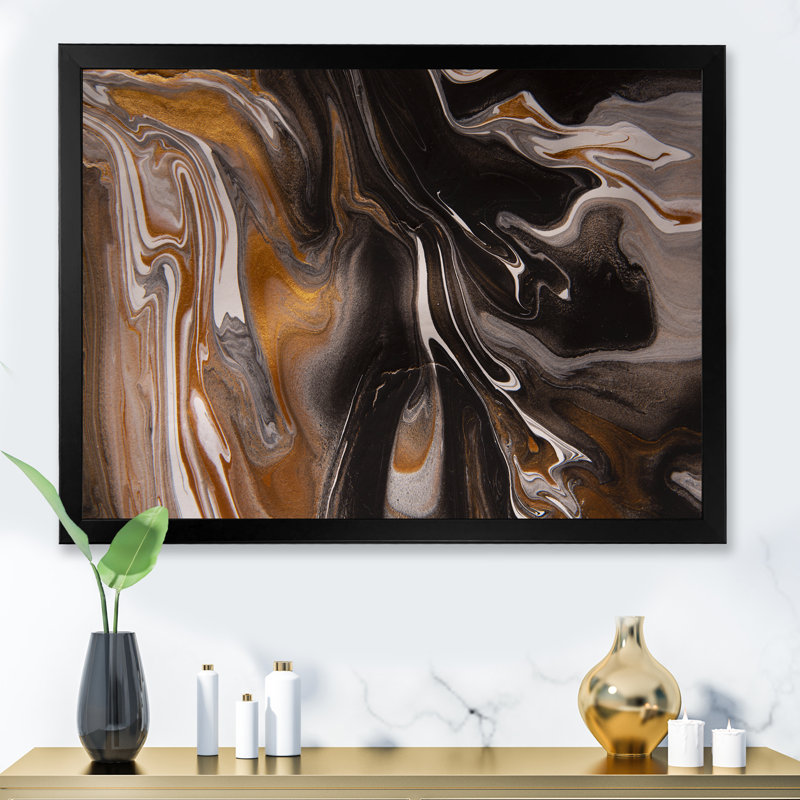 «Black and Brown Marble Universe», peinture sur toile, H 12 po x l 20 po, Cadre d'angle fermé noir