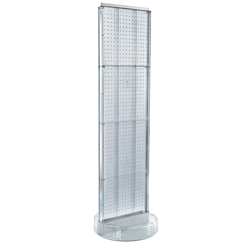 Présentoir de plancher en carton perforé à deux côtés sur une base de studio ronde et pivotante: support à roulettes. Taille du panneau: l 16 po x H 60 po