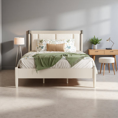 Solid Wood Bed, No Box Spring Needed,Upholstered Headboard With Metal Handles