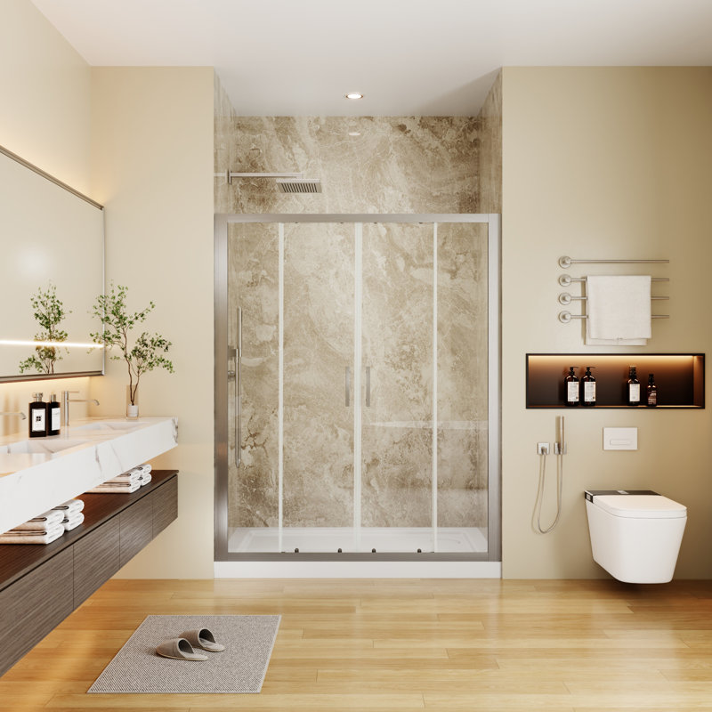 Porte de douche coulissante double encadrée de 56 à 60 po x H 70 po avec verre trempé de 1/4 po GSCG, Nickel brossé