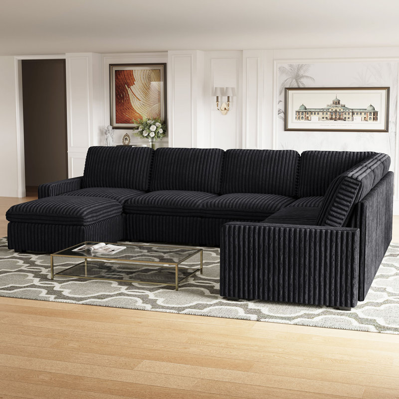 U-Shaped Stoarge Sofa Convertible Oversized Livingroom Couch, Black Corduroy