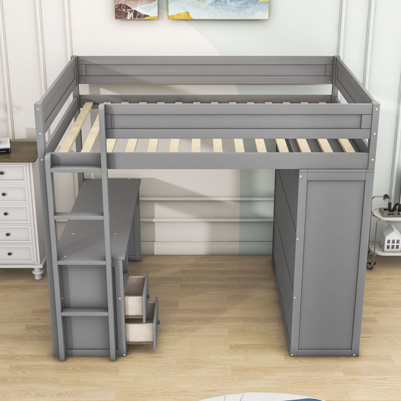 Kaylor Wood Loft Bed with Wardrobes, Desk and 2 Drawers, Full, Gray