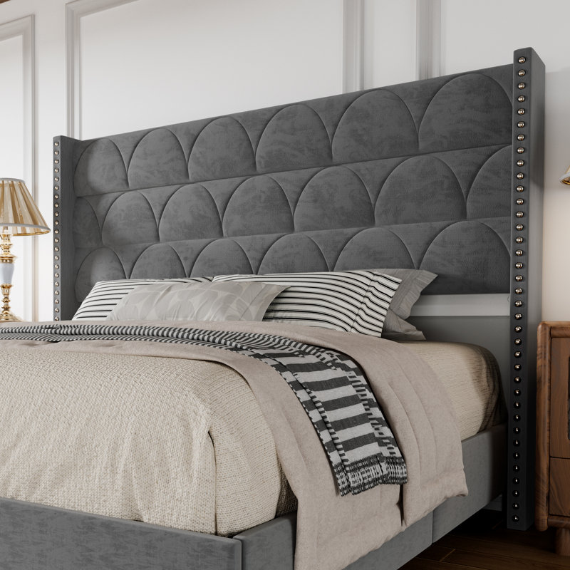 Tête de lit tapissier à oreilles en velours à dossier haut de 56 po, sur pied pour matelas à hauteur réglable, Gris