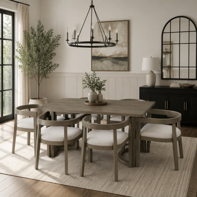 7 Piece Dining Table Set for 6, Rectangular Kitchen Table Set with 6 Upholstered Barrel-Back Chairs, Wood Grain Dining Room Table with Curved Chair Ba
