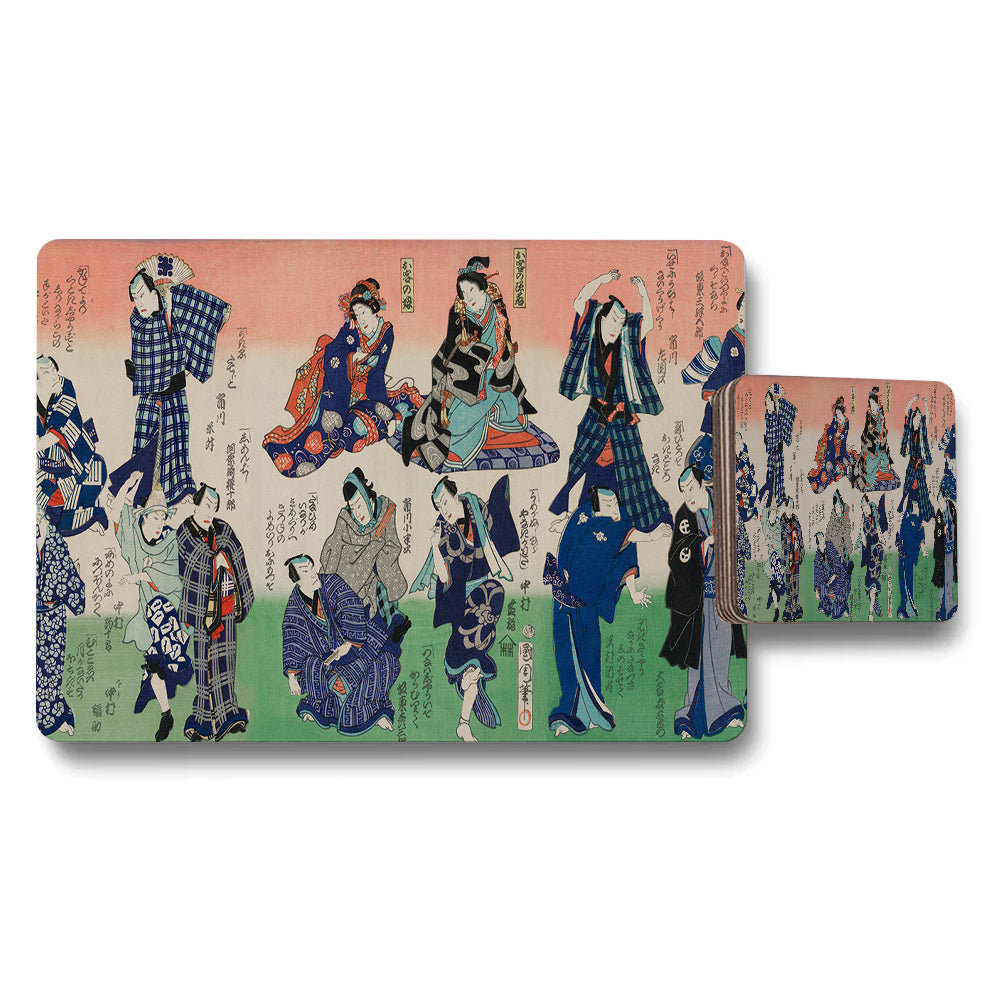 Ukiyoe Style Placemat And Coaster Set With Japanese Figures