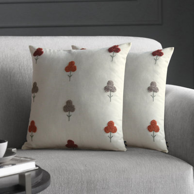 Housse de coussin en coton à broderie florale avec fermeture à glissière 2 pièces (Taille: 18 X 18 pouces)